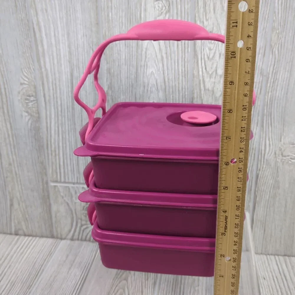 Vintage Tupperware Set of 3 Stackable Square Containers with Cariolier Pink